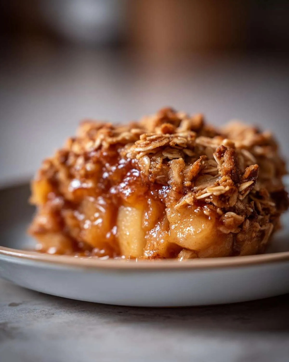 A close-up of a serving of apple crisp with oats, featuring tender baked apples and a crunchy oat topping.