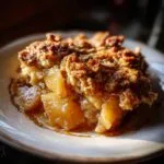 Close-up of a slice of apple crisp with oats, showing tender baked apples and a golden brown oat topping.