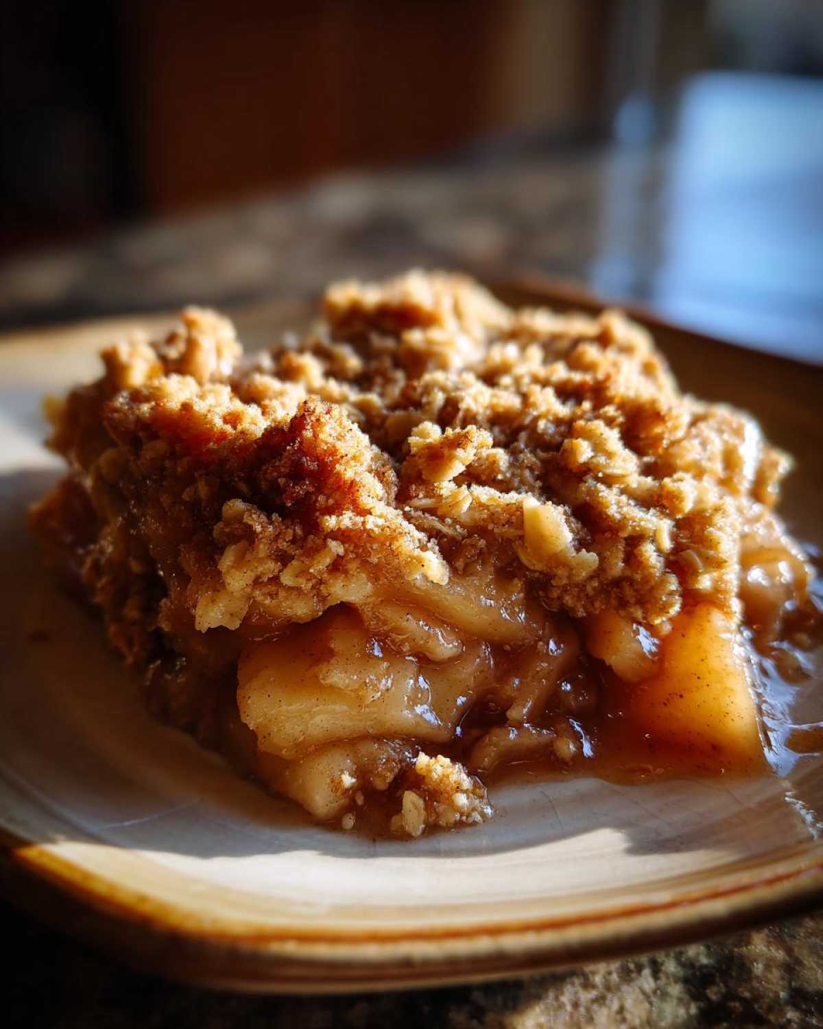 A close-up of a warm slice of apple crisp with oats, showing tender baked apples and a crumbly oat topping.