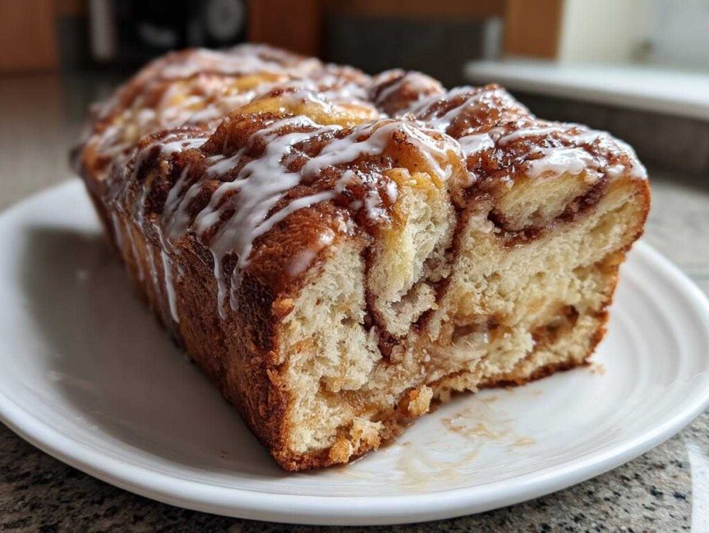 A close-up of a slice of moist apple fritter bread, drizzled with white icing.