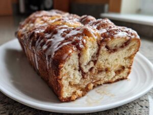 A close-up of a slice of moist apple fritter bread, drizzled with white icing.