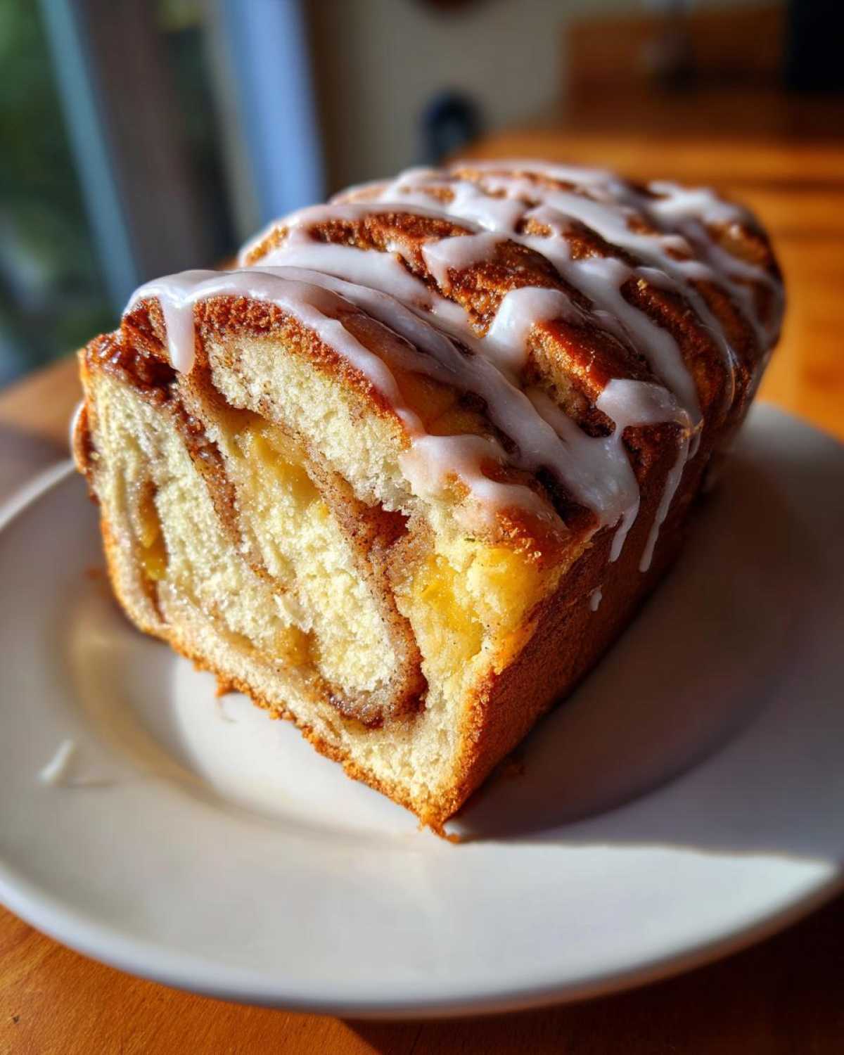 A slice of moist apple fritter bread, swirled with cinnamon and topped with a sweet glaze.