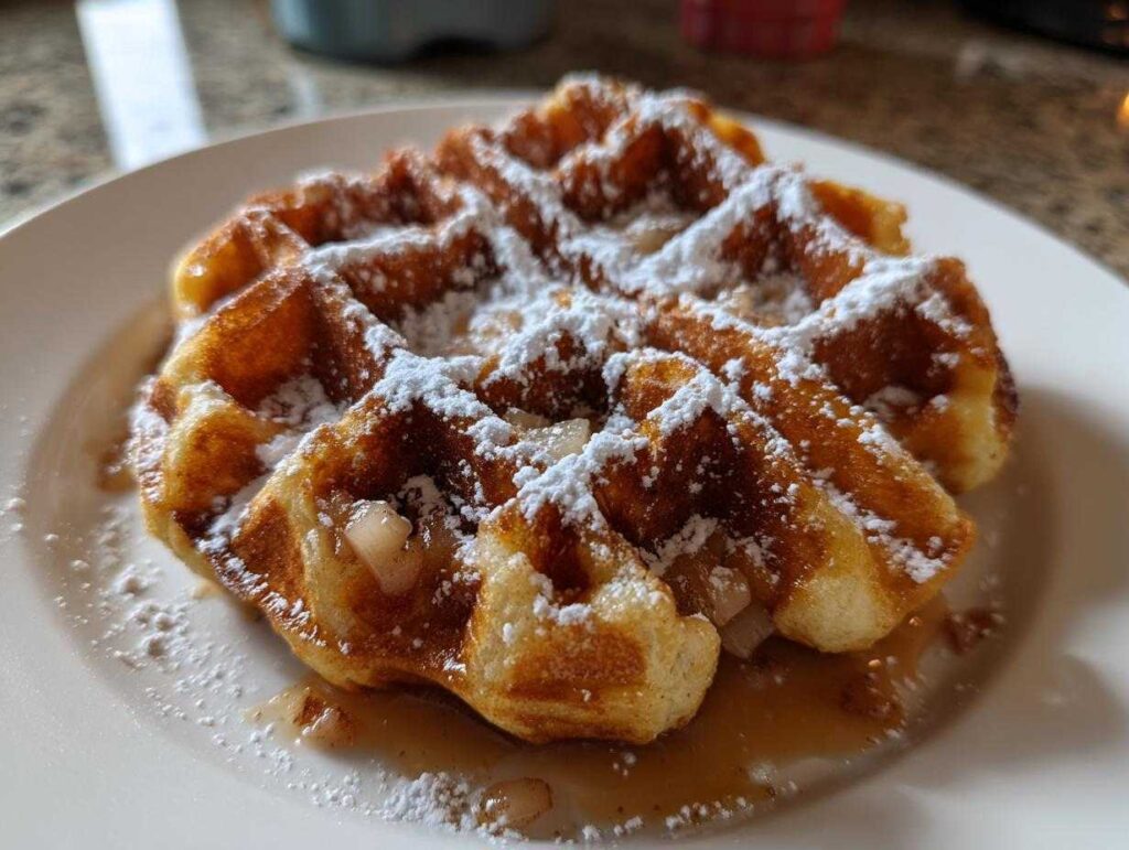 A close-up of a golden-brown apple fritter waffle donut, dusted with powdered sugar and drizzled with syrup.