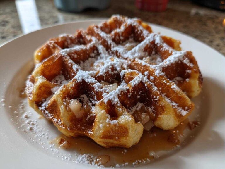 A close-up of a golden-brown apple fritter waffle donut, dusted with powdered sugar and drizzled with syrup.