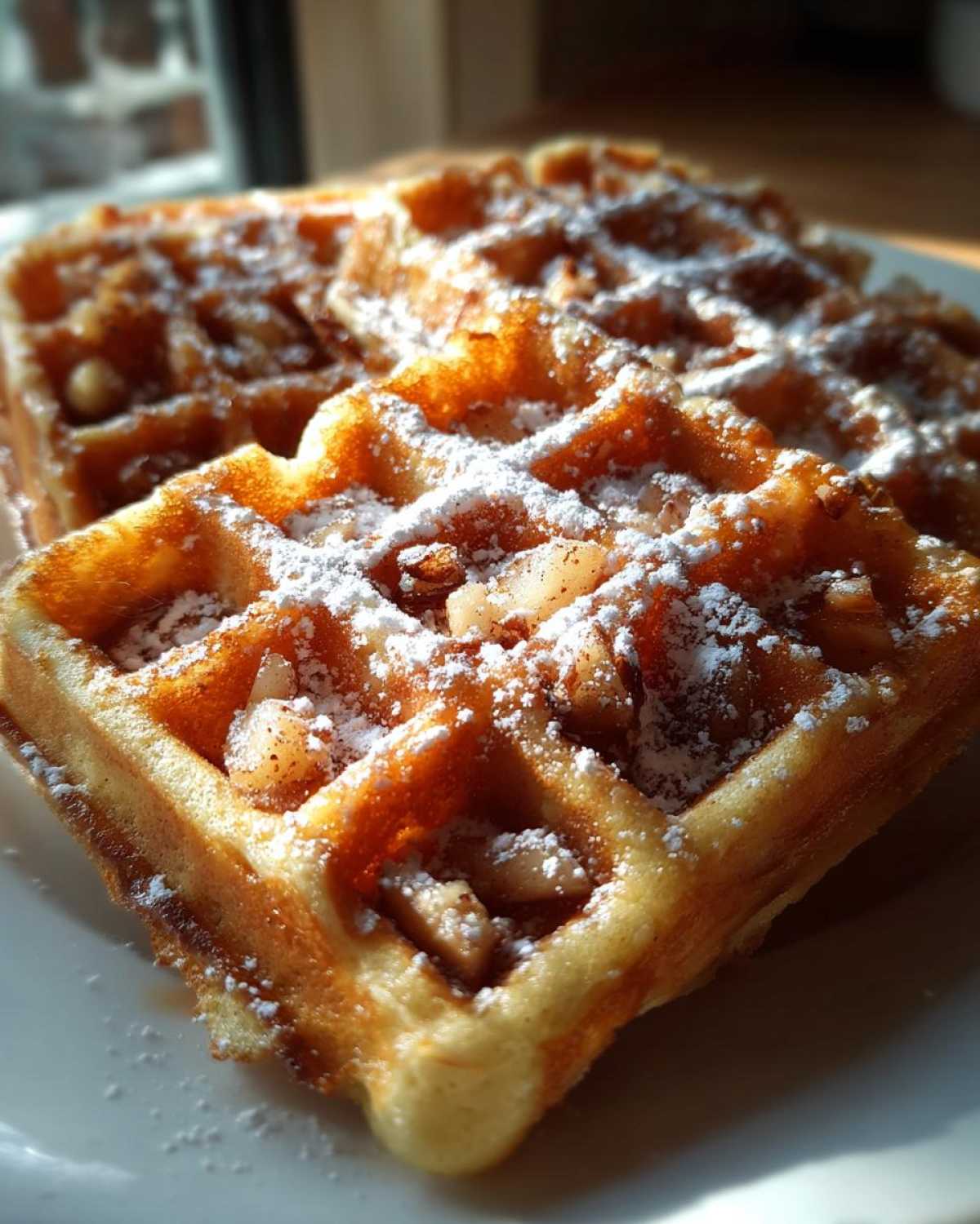 Close-up of golden apple fritter waffle donuts dusted with powdered sugar, showcasing apple pieces within the waffle grid.