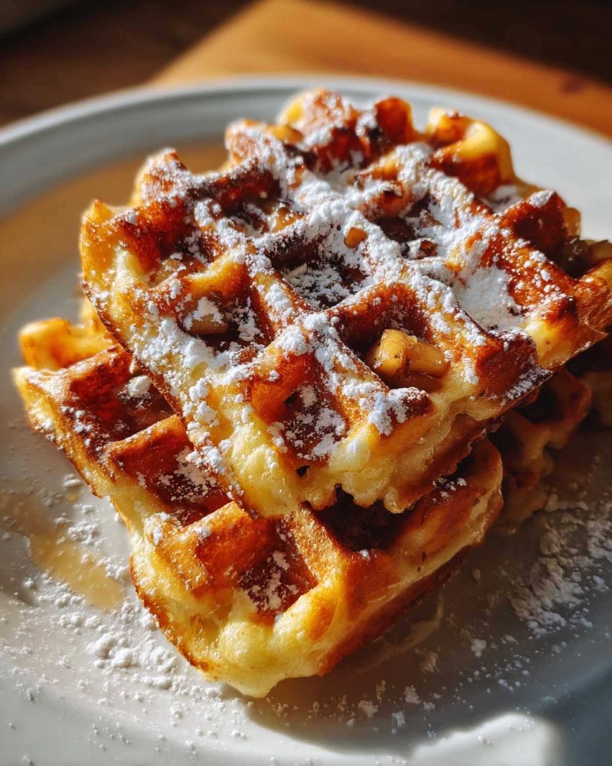 Close-up of golden apple fritter waffle donuts dusted with powdered sugar on a white plate.