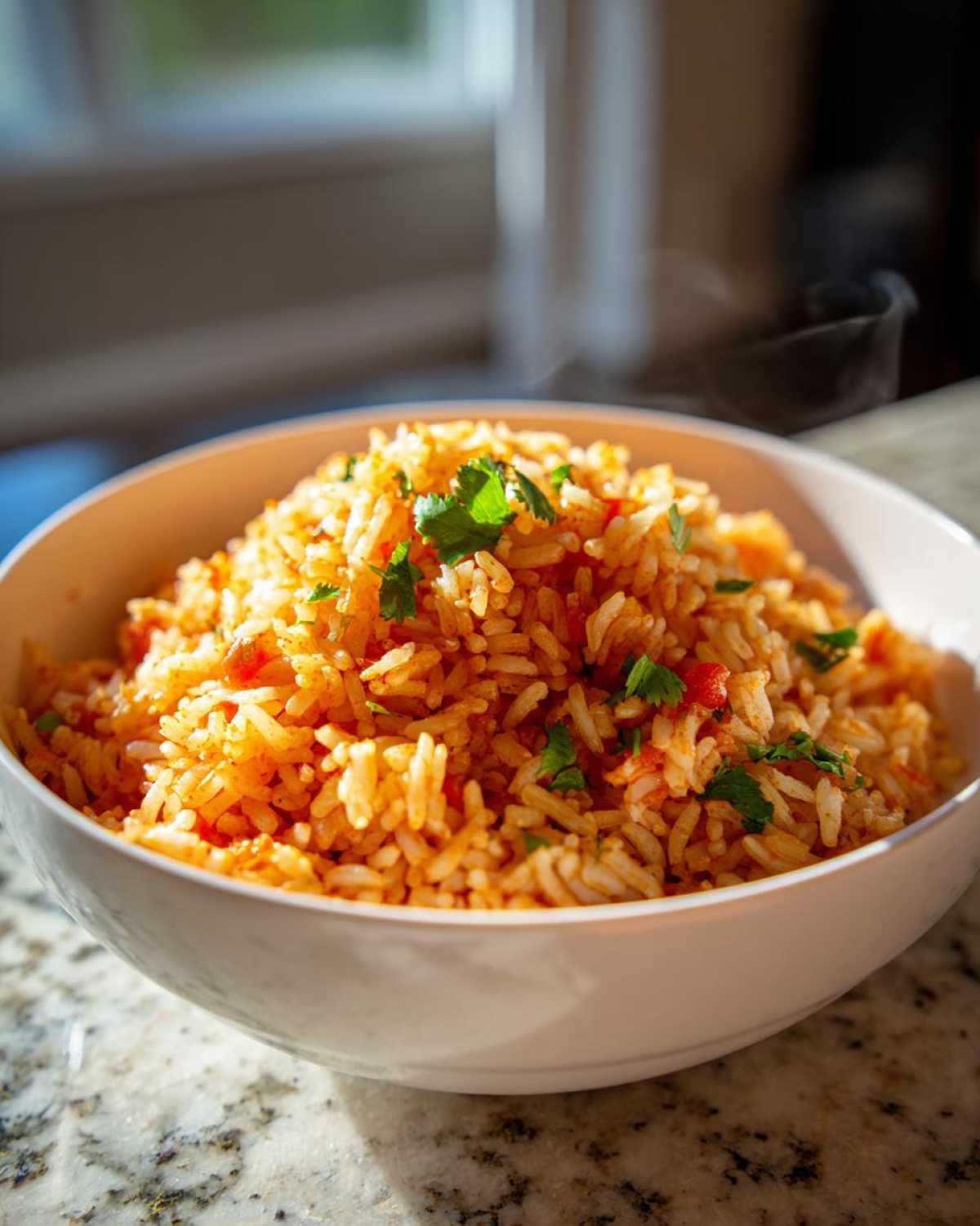A close-up of a white bowl filled with steaming authentic Mexican rice, garnished with fresh cilantro.