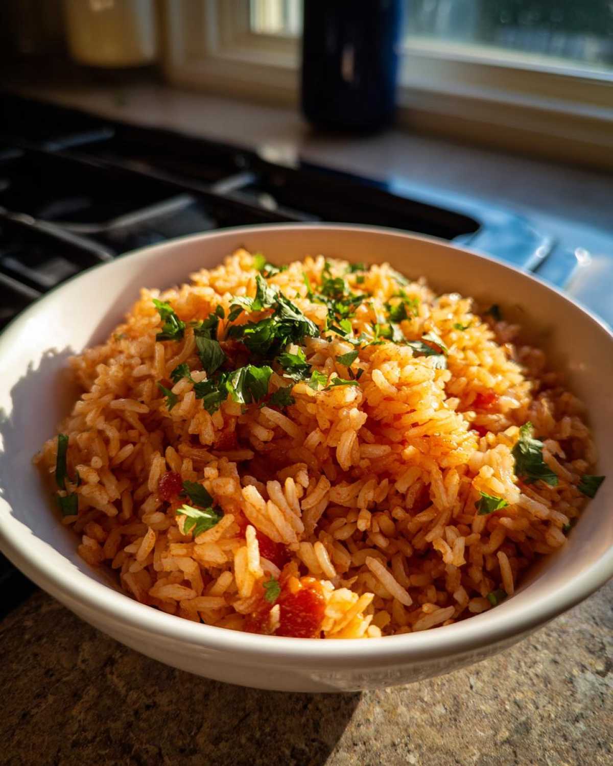 A close-up of a bowl filled with fluffy authentic Mexican rice, garnished with fresh chopped parsley.
