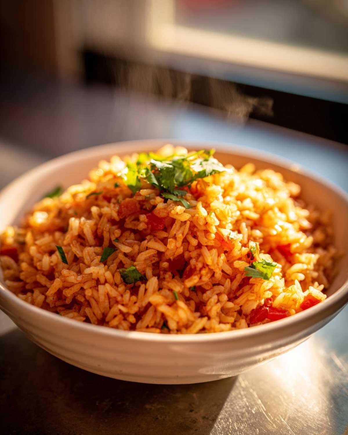 A close-up shot of a white bowl filled with steaming authentic Mexican rice, garnished with fresh cilantro.