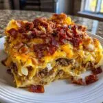 A generous slice of Bacon Cheeseburger Lasagna topped with melted cheese and crispy bacon.