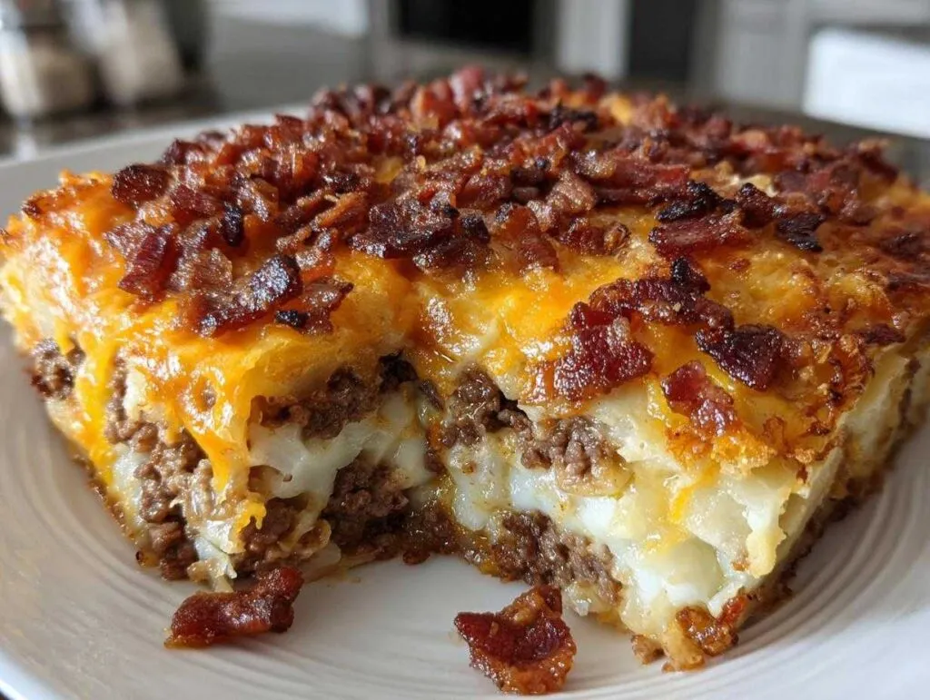 A close-up of a slice of bacon cheeseburger lasagna, showing layers of ground beef, cheese, and noodles topped with crispy bacon.