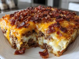 A close-up of a slice of bacon cheeseburger lasagna, showing layers of ground beef, cheese, and noodles topped with crispy bacon.