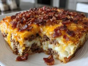 A close-up of a slice of bacon cheeseburger lasagna, showing layers of ground beef, cheese, and noodles topped with crispy bacon.