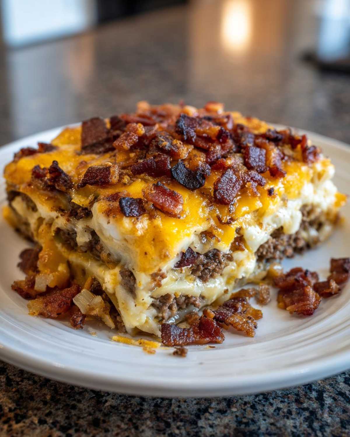 A delicious slice of bacon cheeseburger lasagna topped with melted cheese and crispy bacon.