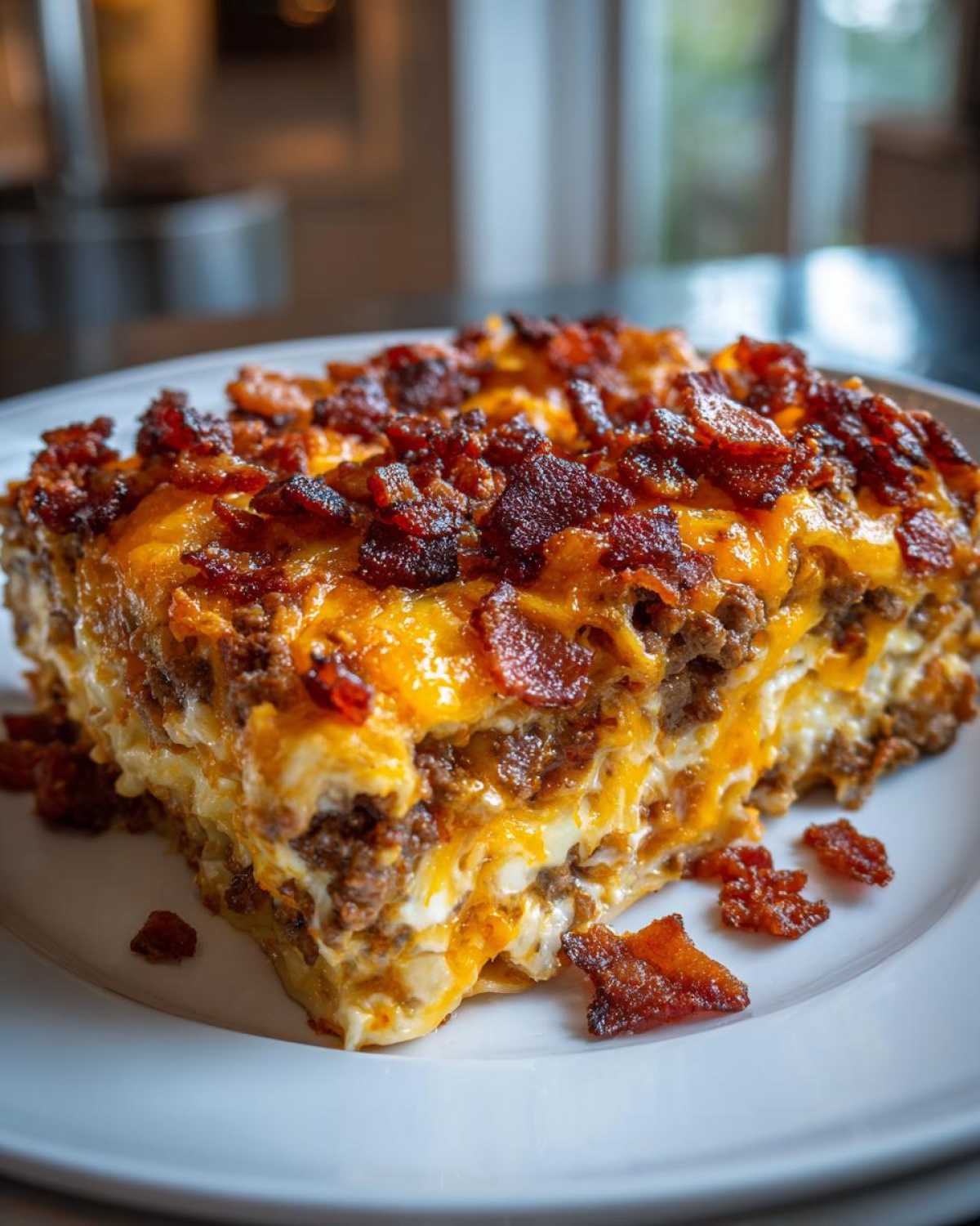 A close-up of a delicious slice of bacon cheeseburger lasagna, topped with melted cheese and crispy bacon.