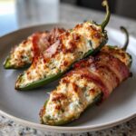 Close-up of delicious bacon stuffed jalapeño peppers on a plate, filled with creamy cheese and topped with crispy bacon bits.
