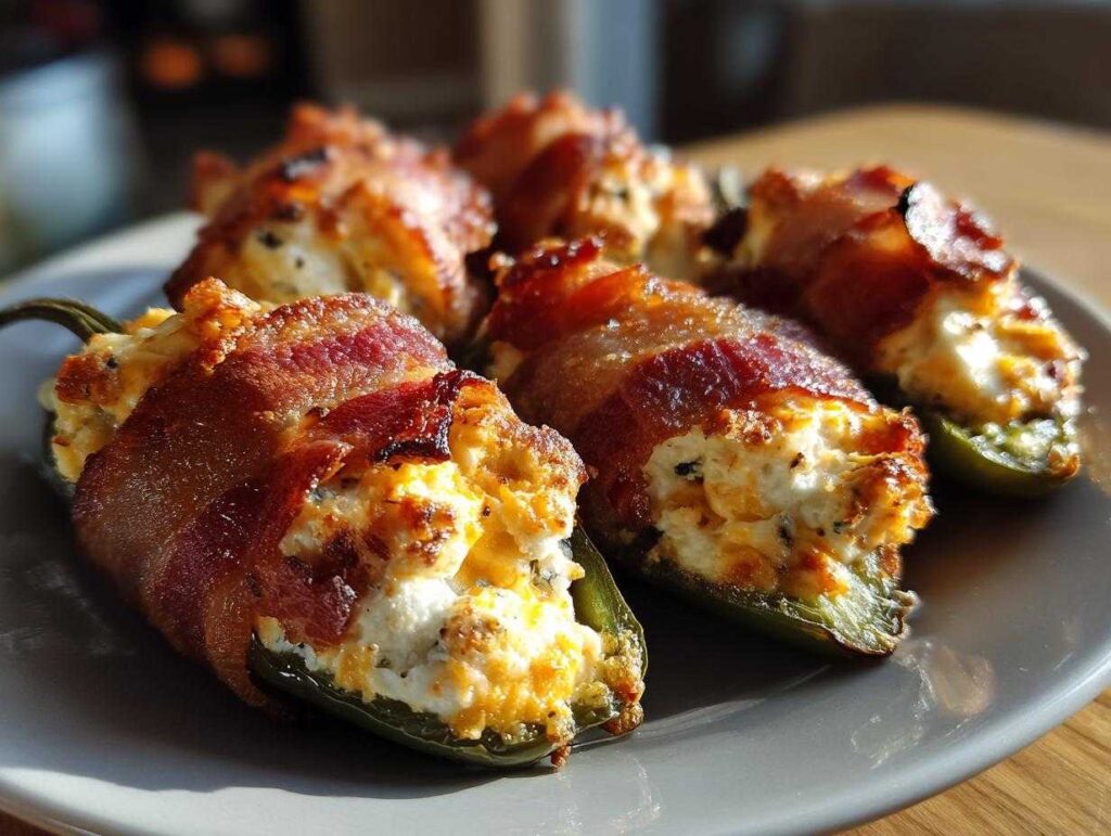 Close-up of delicious bacon stuffed jalapeño peppers filled with creamy cheese and baked to perfection.