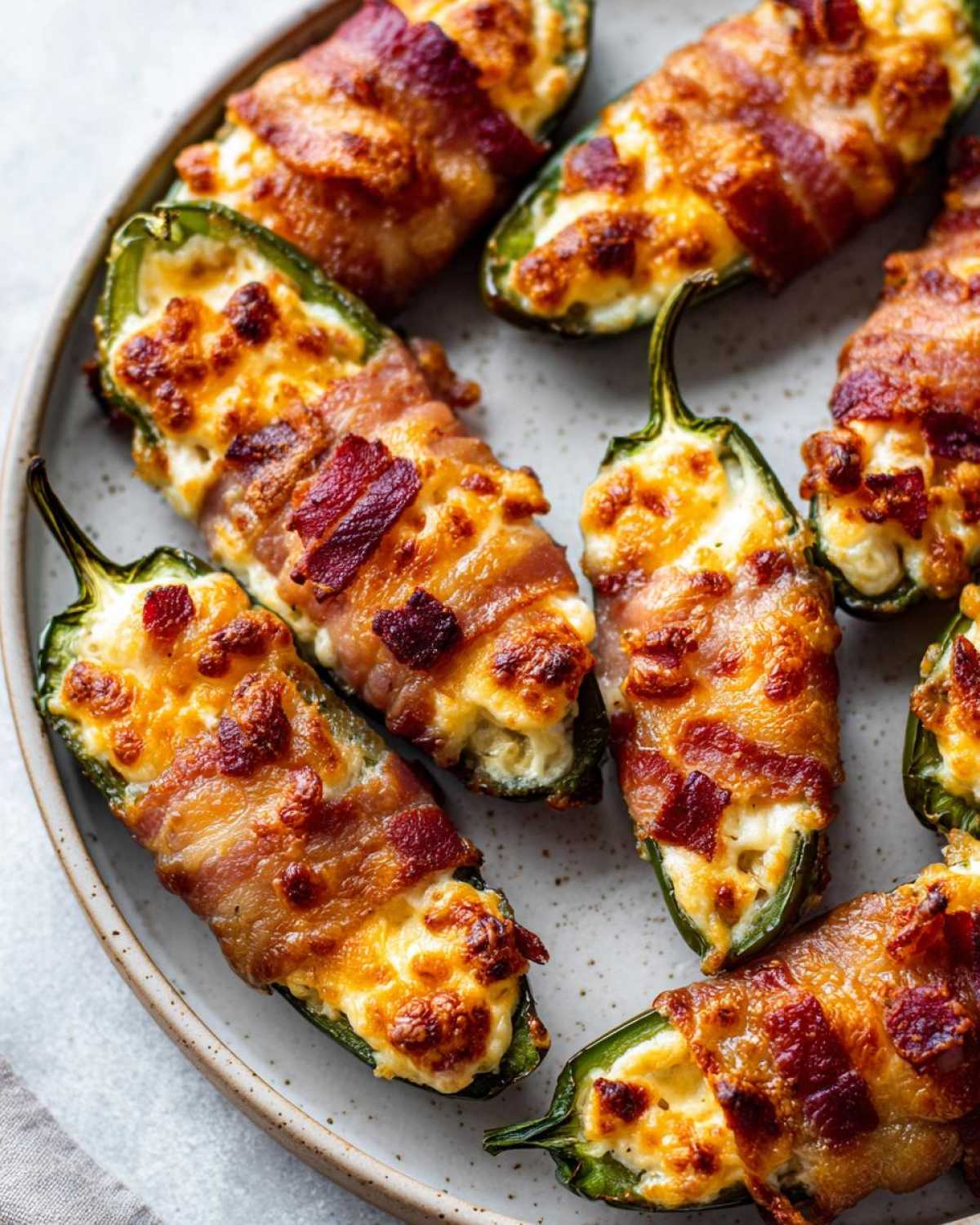 A plate of delicious bacon stuffed jalapeño peppers, baked until golden brown and bubbly.