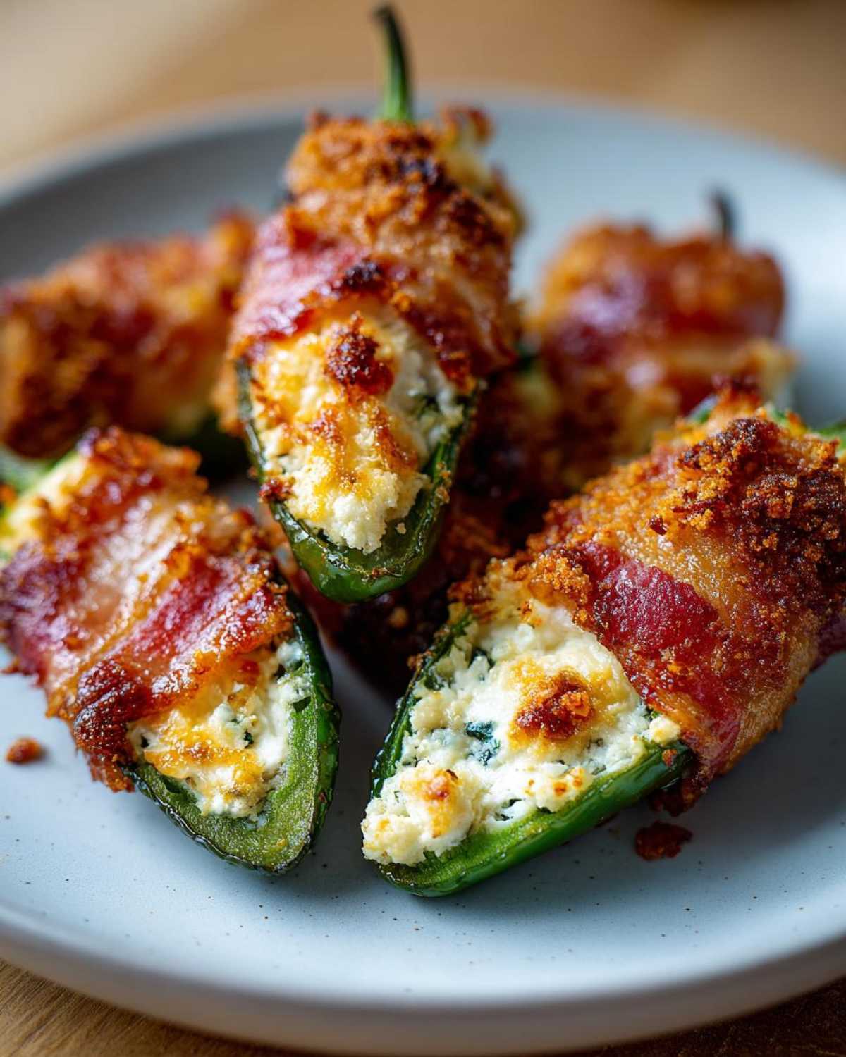 Close-up of delicious stuffed jalapeño peppers wrapped in bacon and baked to golden perfection.