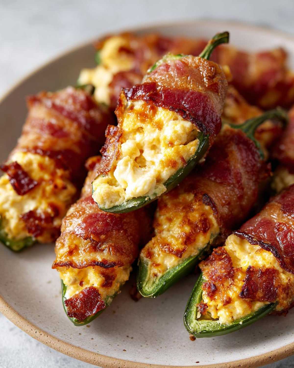 Close-up of delicious bacon wrapped stuffed jalapeño peppers filled with creamy cheese.