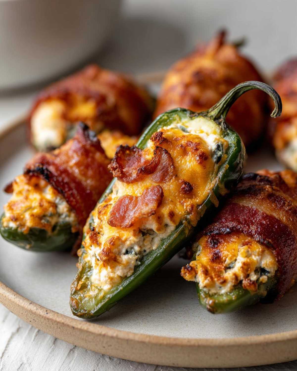 Close-up of delicious bacon stuffed jalapeño peppers, filled with creamy cheese and topped with melted cheddar.