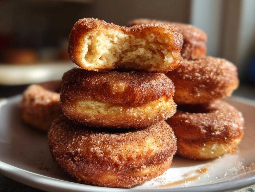 A close-up of a stack of freshly baked apple cider donuts, coated in cinnamon sugar.