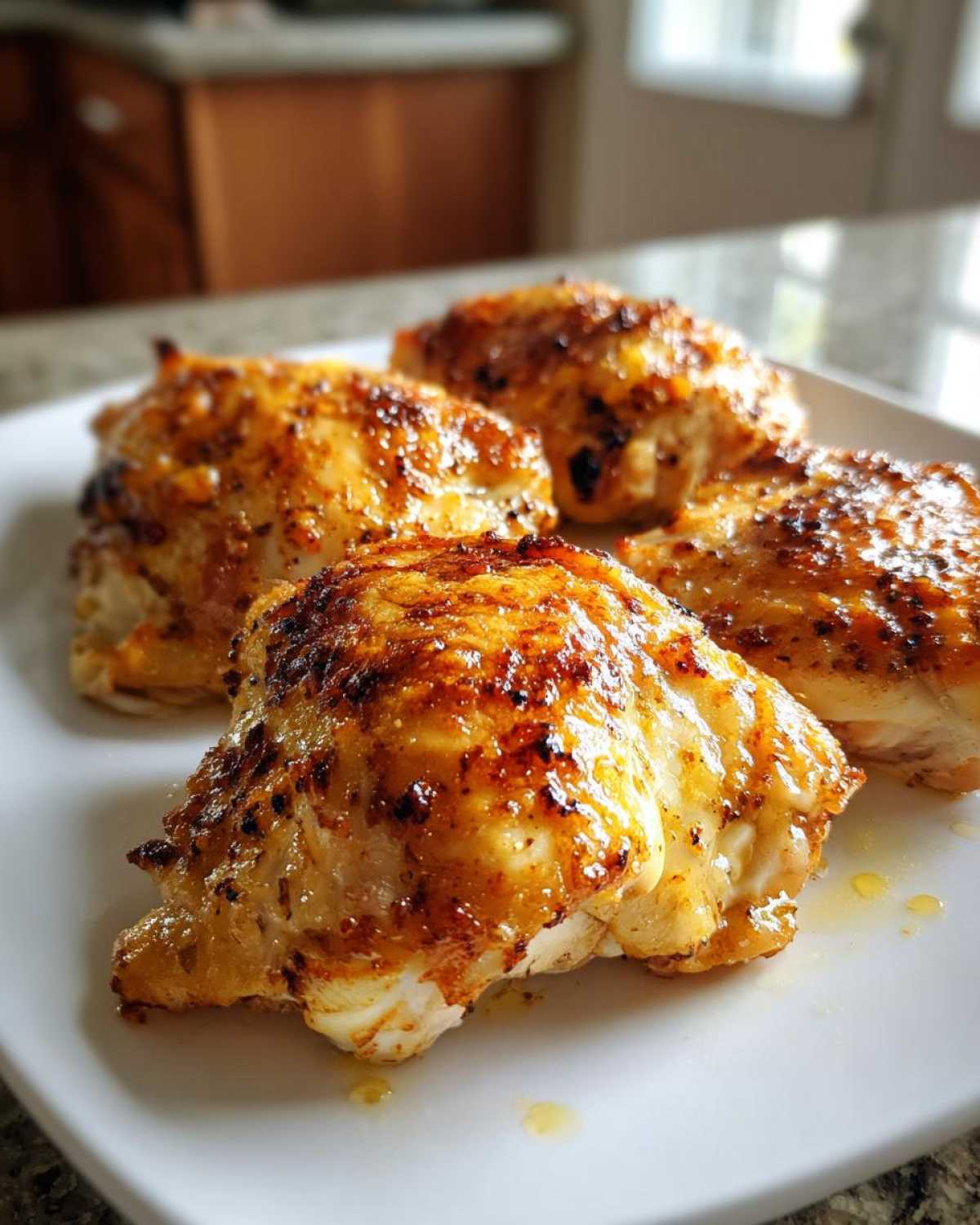 A close-up of four juicy baked boneless skinless chicken thighs on a white plate, glistening with juices.