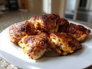 A plate piled high with perfectly seasoned baked boneless skinless chicken thighs, showing a golden-brown crust.
