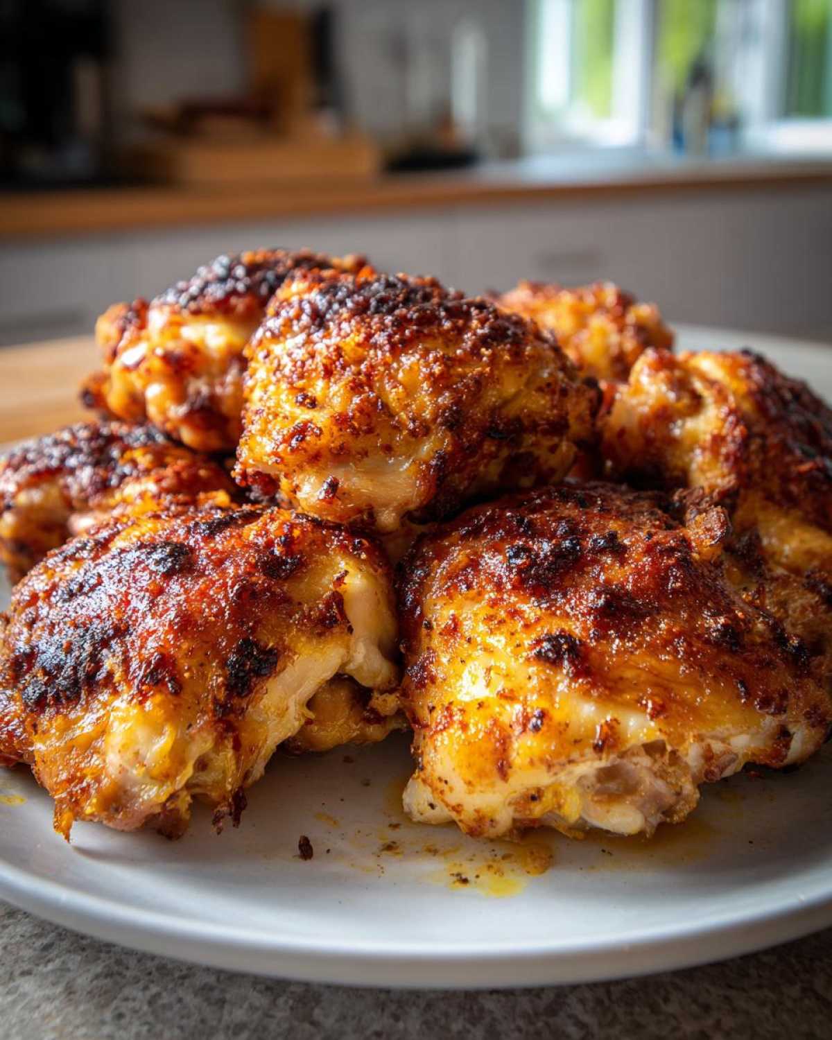 A close-up of a pile of juicy baked boneless skinless chicken thighs on a white plate, with a golden-brown, slightly crispy exterior.