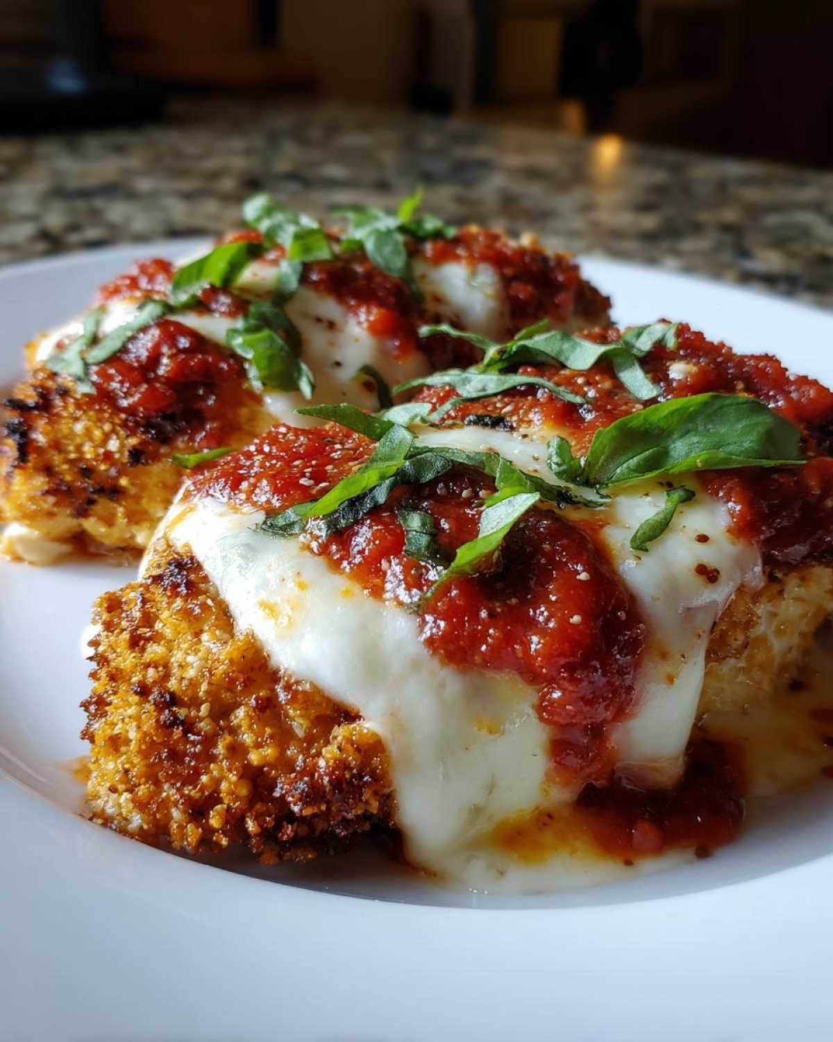 Close-up of a serving of crispy baked chicken parmesan topped with marinara sauce, melted mozzarella, and fresh basil.