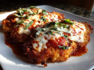 Two pieces of golden-brown baked chicken parmesan topped with marinara sauce, melted mozzarella, and fresh basil.