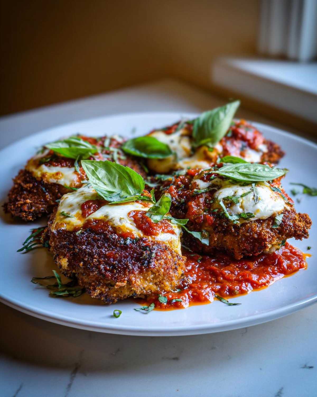 Four pieces of crispy baked chicken parmesan topped with melted mozzarella, marinara sauce, and fresh basil leaves.