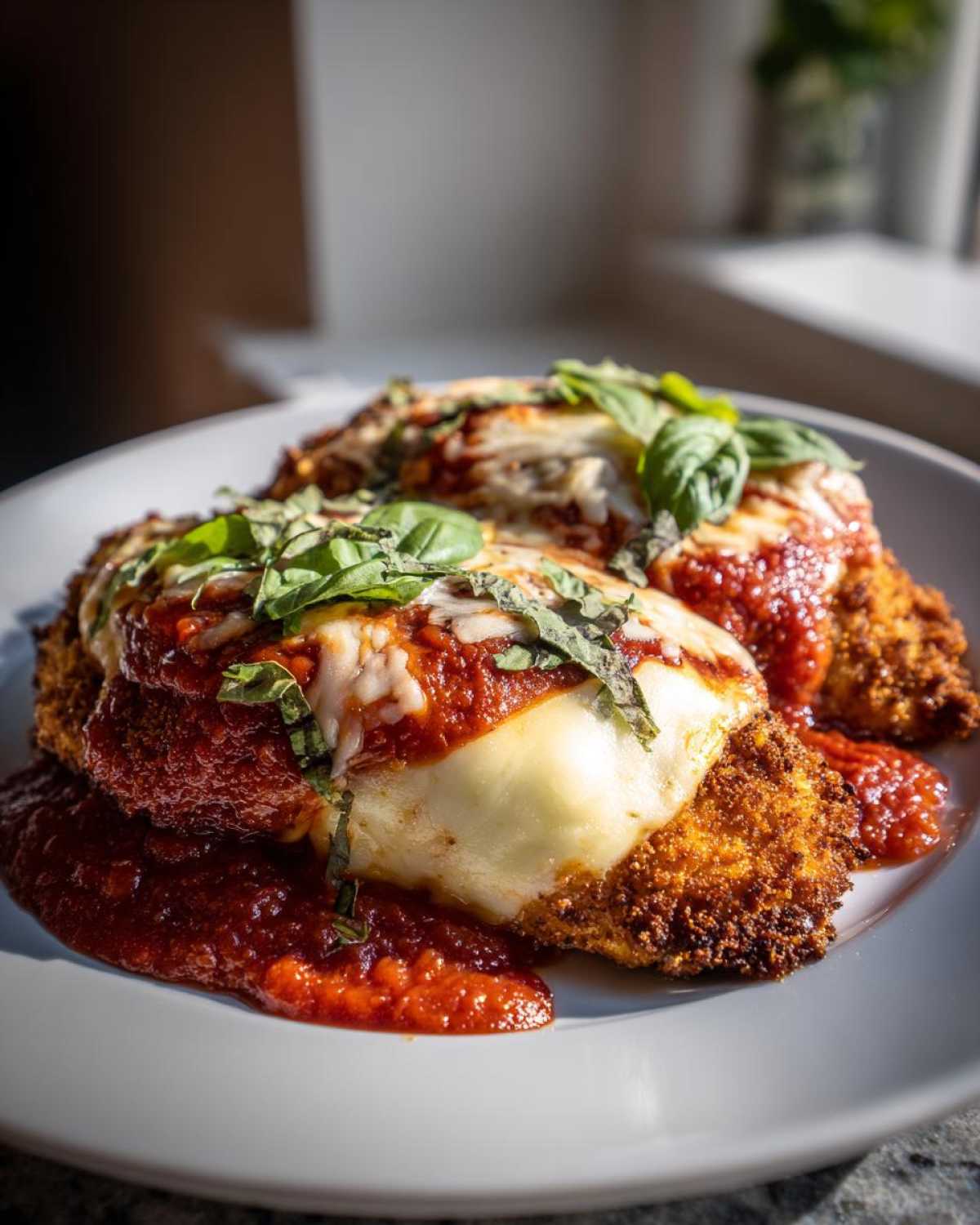Close-up of two servings of crispy baked chicken parmesan topped with marinara sauce and melted mozzarella, garnished with fresh basil.