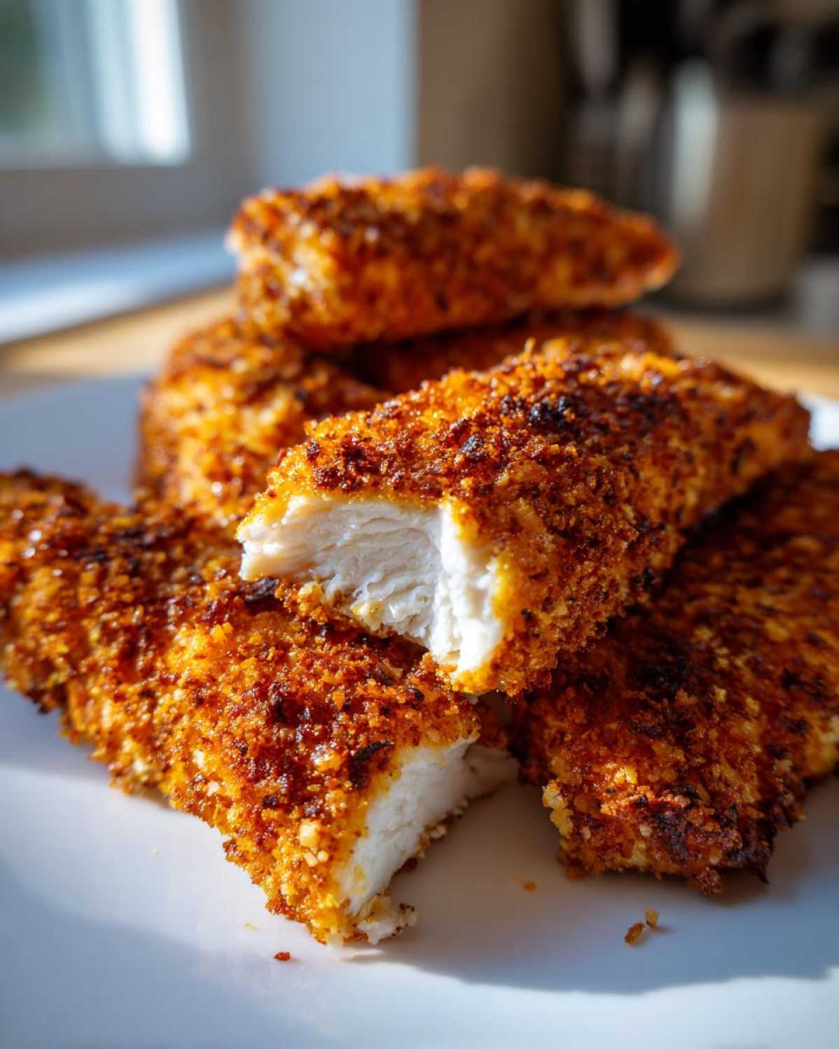 Close-up of golden brown baked chicken tenders, one broken in half to show juicy interior.