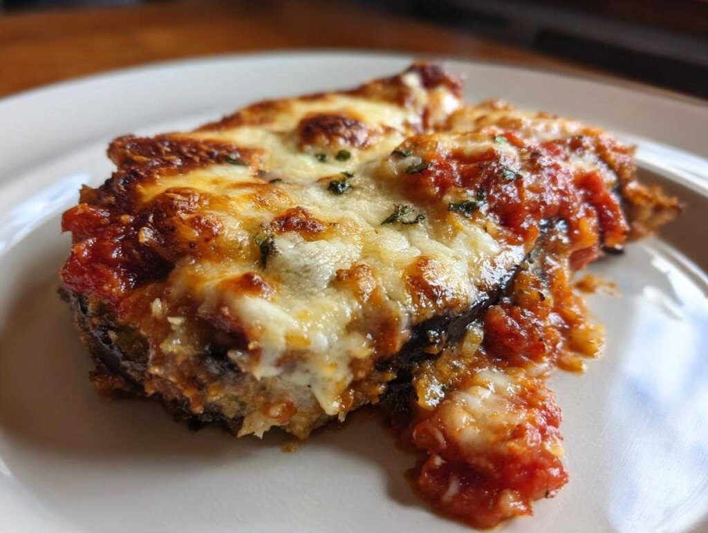 A close-up of a delicious slice of crispy baked eggplant parmesan, topped with melted cheese and marinara sauce.