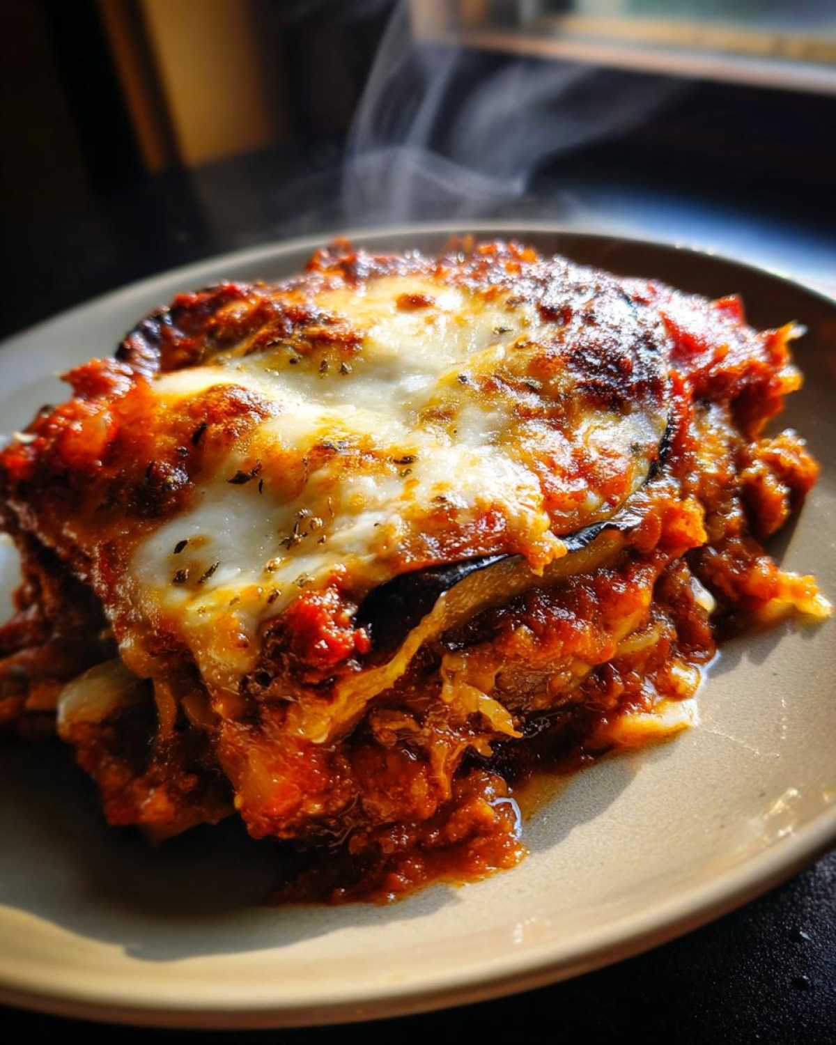 A steaming slice of crispy baked eggplant parmesan on a plate, featuring layers of eggplant, marinara sauce, and melted mozzarella cheese.