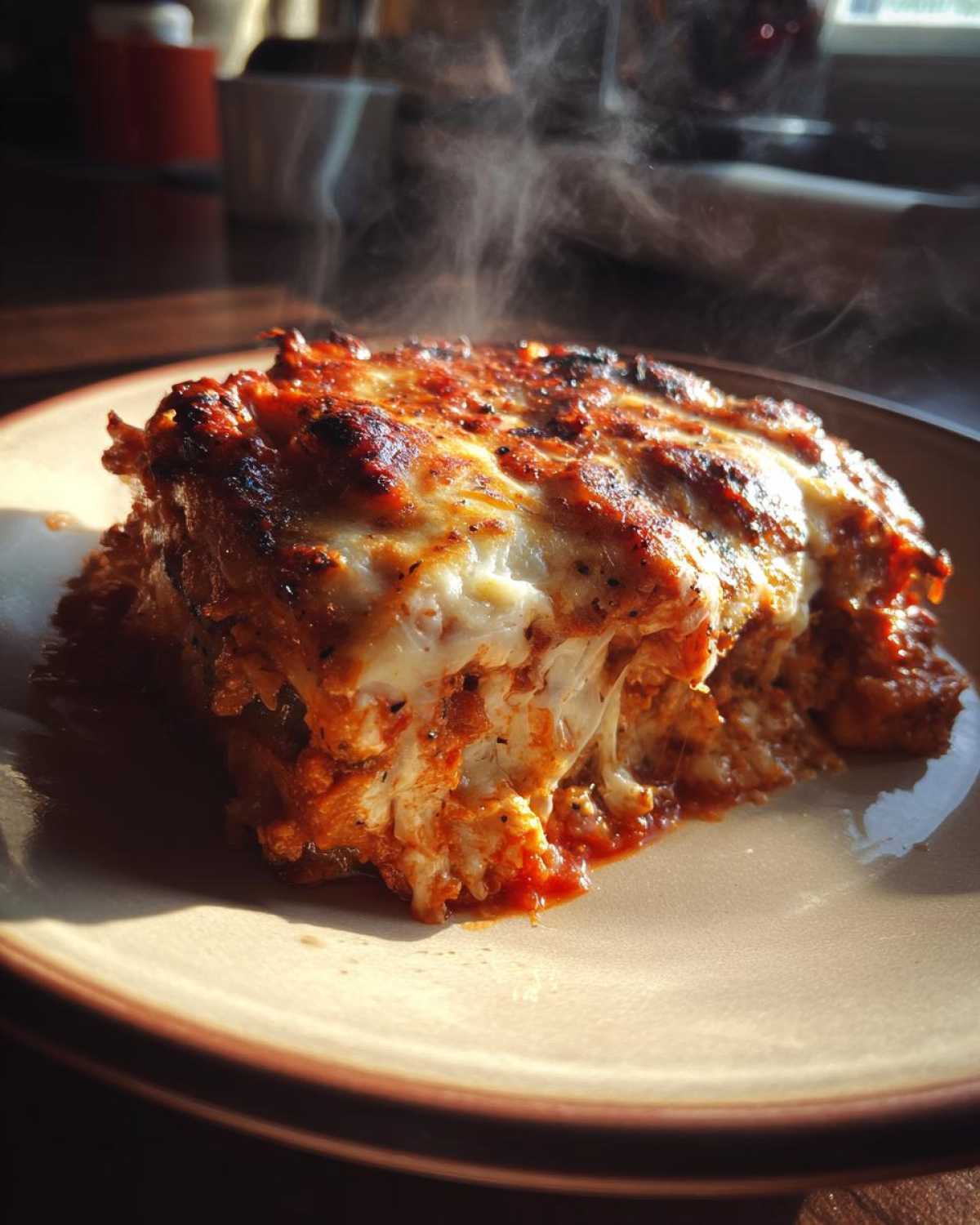 A steaming slice of crispy baked eggplant parmesan with melted cheese and marinara sauce.