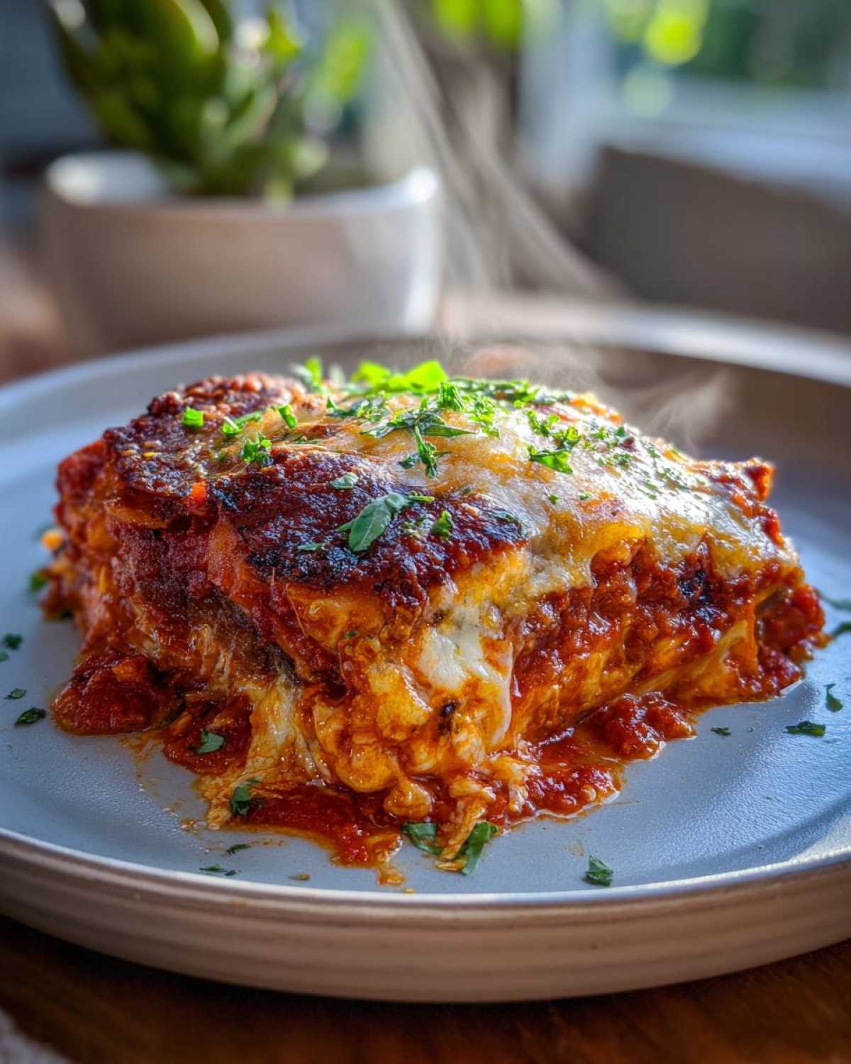 A steaming slice of crispy baked eggplant parmesan, topped with melted cheese and fresh parsley, on a plate.