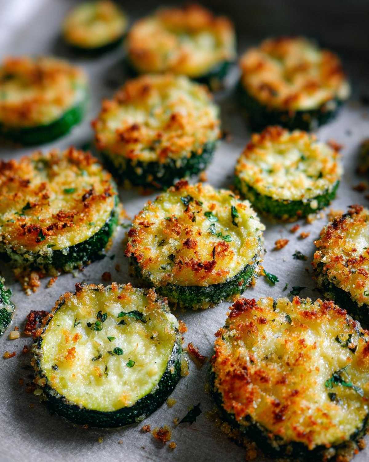 Close-up of golden brown baked zucchini crisp slices topped with breadcrumbs and herbs.
