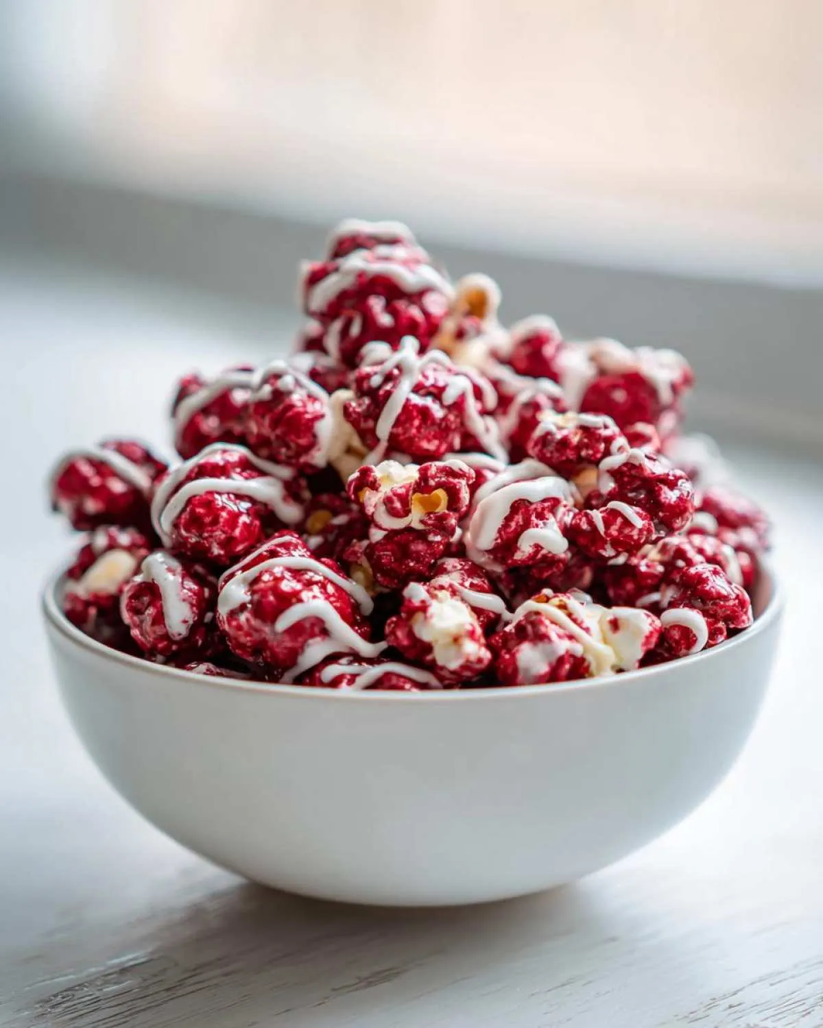 A white bowl filled with bloody red velvet popcorn drizzled with white icing.