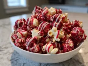 A close-up of a white bowl filled with bloody red velvet popcorn drizzled with white icing.