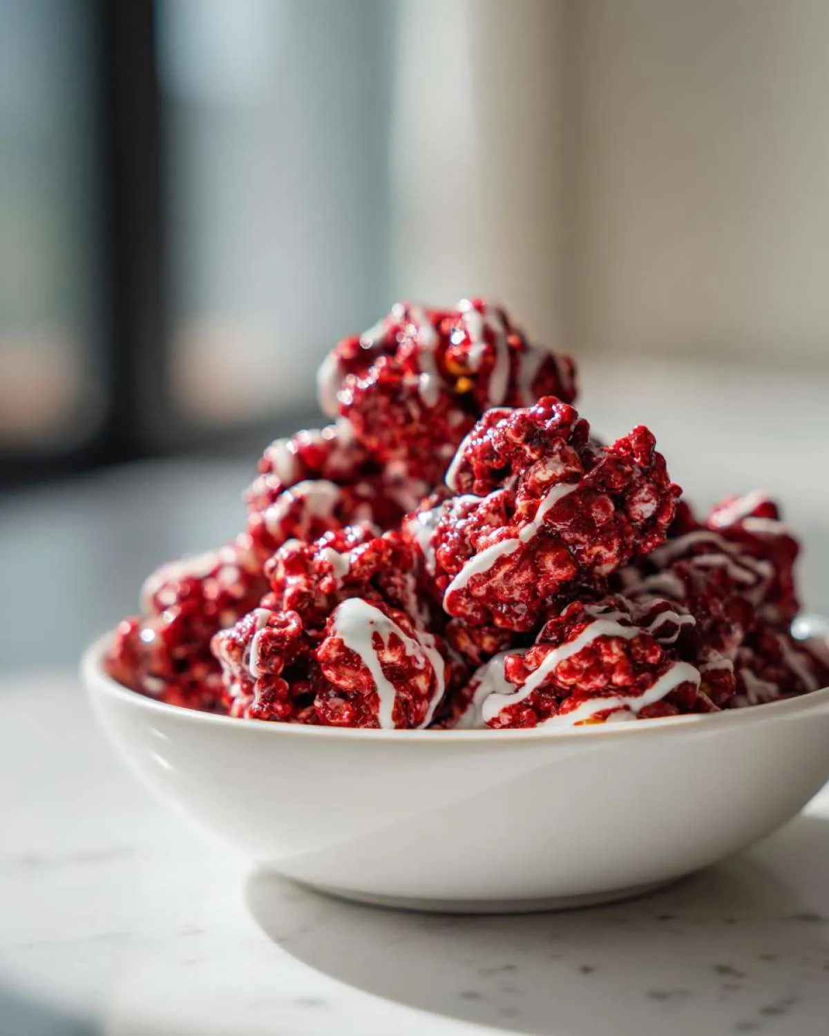A white bowl filled with bloody red velvet popcorn drizzled with white icing.