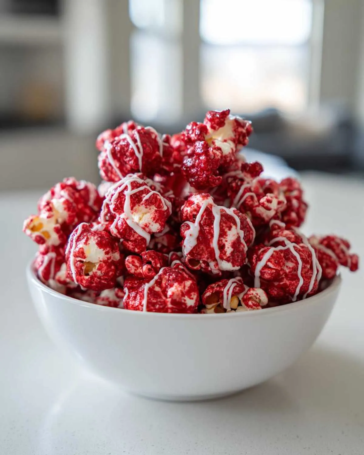 A white bowl filled with bloody red velvet popcorn drizzled with white icing.