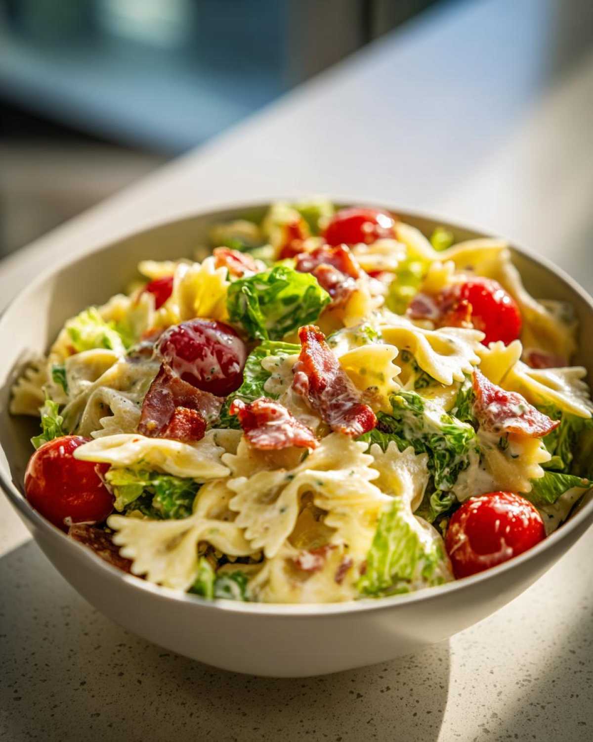 A close-up of a creamy BLT pasta salad with bow-tie pasta, crispy bacon, cherry tomatoes, and lettuce.