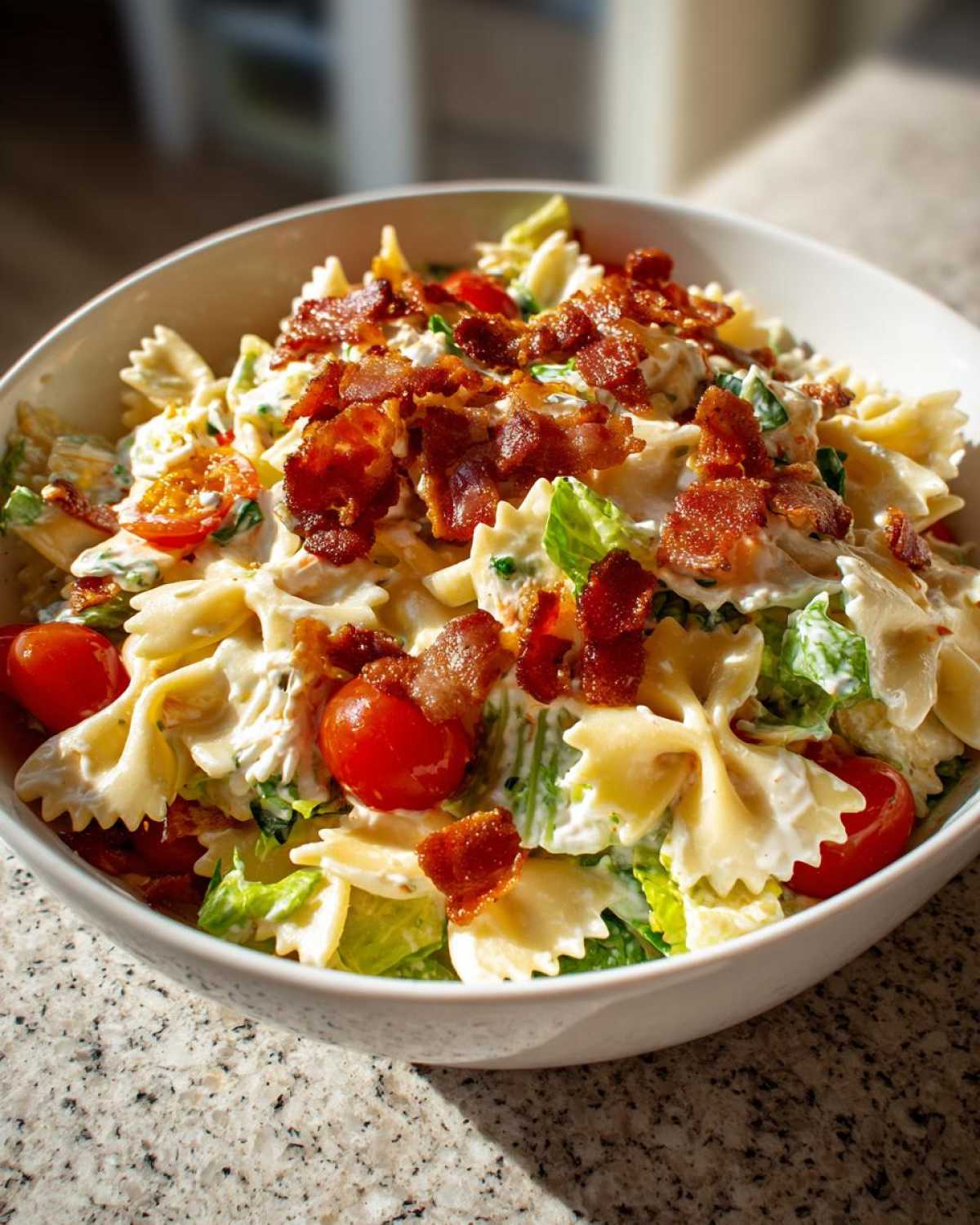 A close-up of a creamy BLT pasta salad with farfalle pasta, cherry tomatoes, lettuce, and crispy bacon.