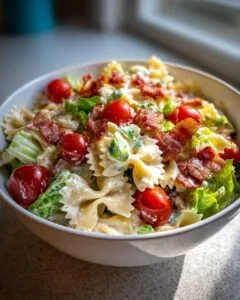 A close-up of a bowl of BLT pasta salad featuring farfalle pasta, cherry tomatoes, crisp lettuce, and crumbled bacon in a creamy dressing.