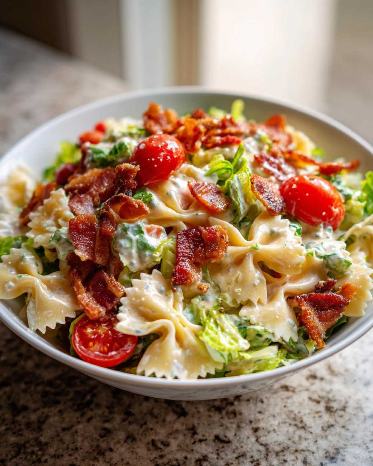 A close-up of a bowl of BLT pasta salad featuring farfalle pasta, crispy bacon, cherry tomatoes, and lettuce in a creamy dressing.