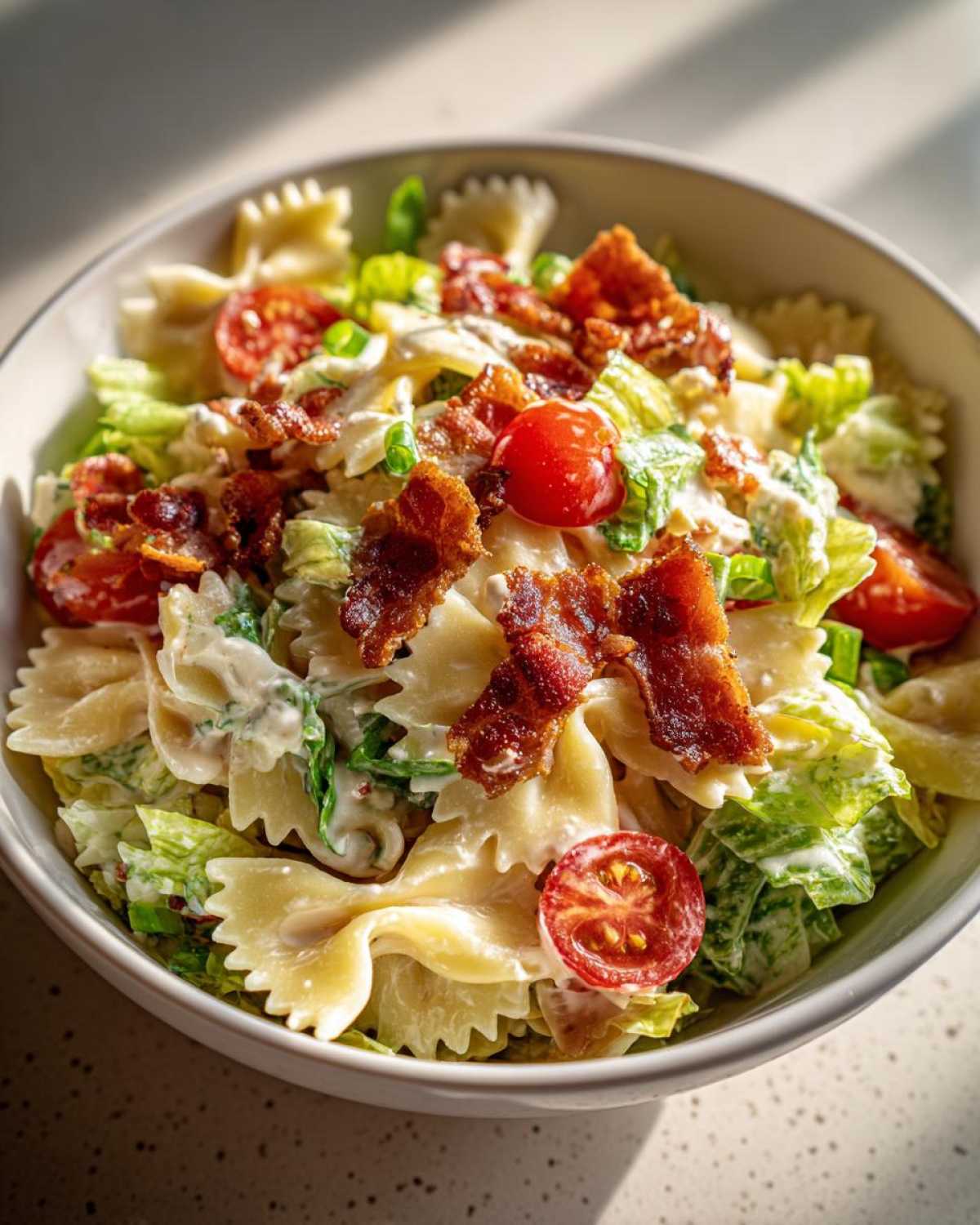 A close-up of a bowl of BLT pasta salad featuring farfalle pasta, crispy bacon, cherry tomatoes, and lettuce.