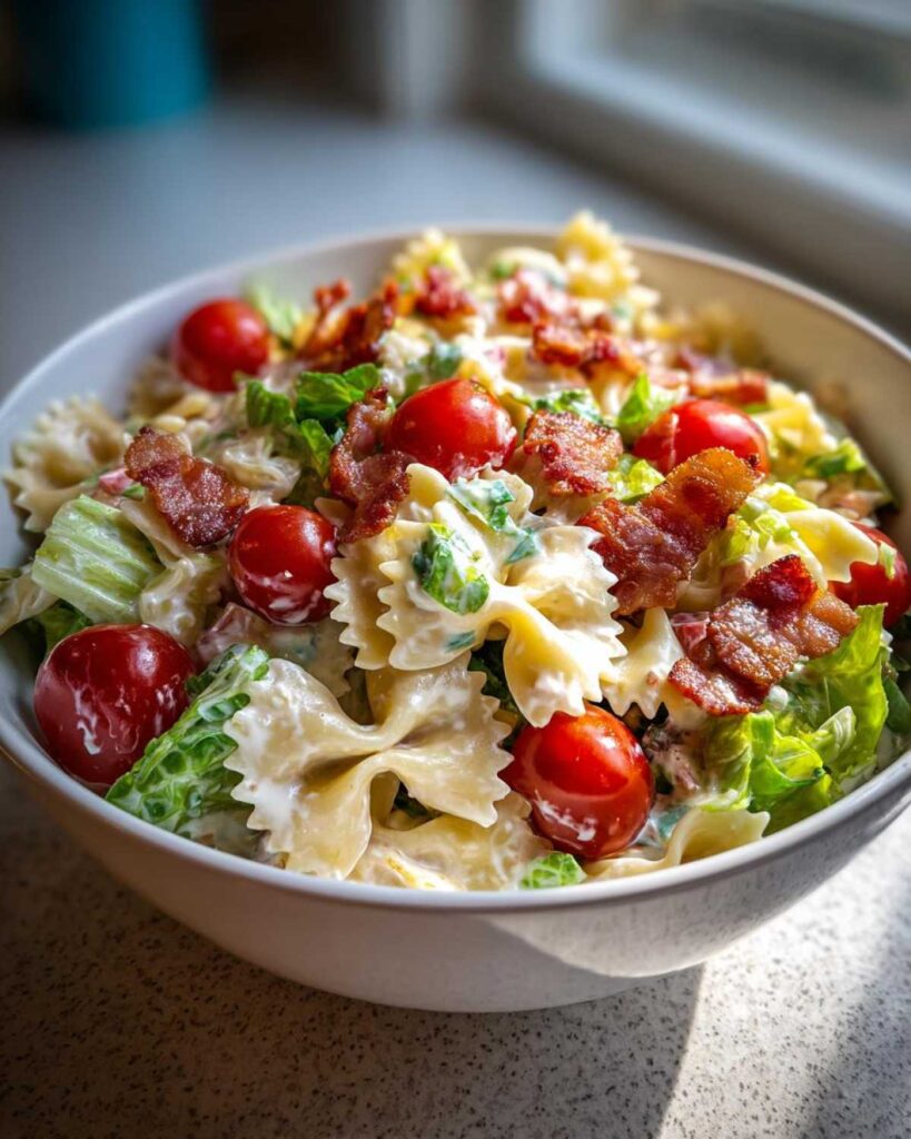 A close-up of a bowl of BLT pasta salad featuring farfalle pasta, cherry tomatoes, crisp lettuce, and crumbled bacon in a creamy dressing.