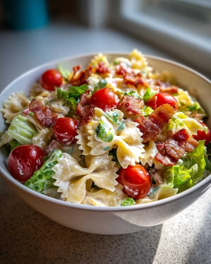 A close-up of a bowl of BLT pasta salad featuring farfalle pasta, cherry tomatoes, crisp lettuce, and crumbled bacon in a creamy dressing.
